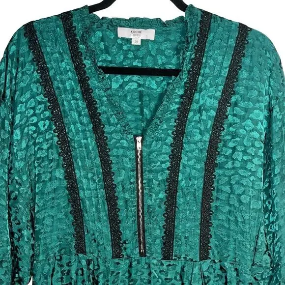 Koché Green Leopard Jacquard Tunic Dress with Lace Hem Size 38 (US 6) - Picture 3 of 11